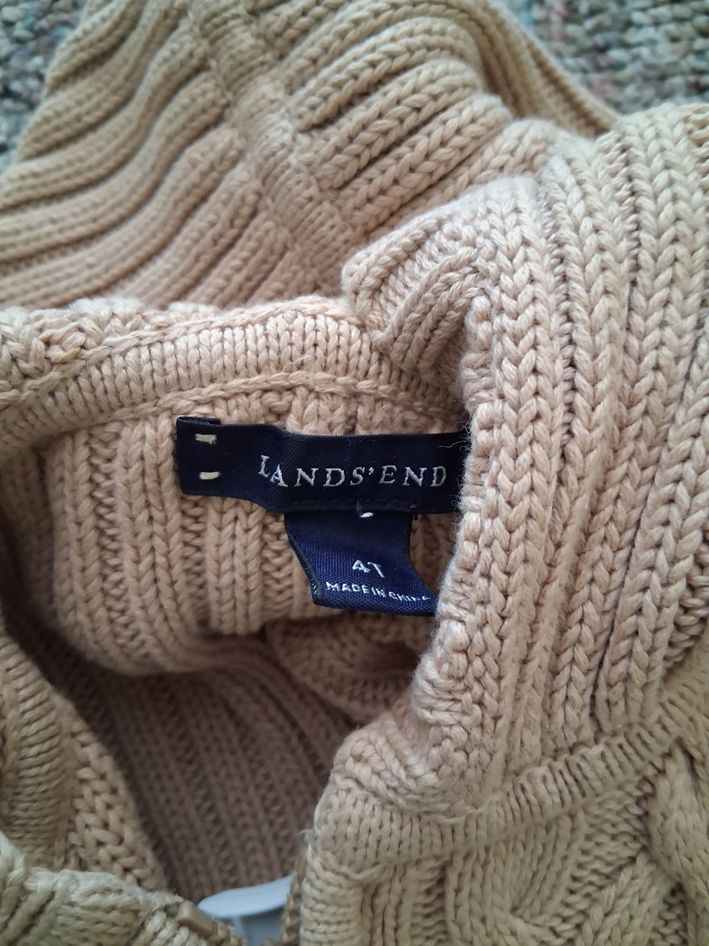 Lands End Kids Cable Knit Sweater Hoodie Full Zip Tan Beige Combed Cotton - Picture 4 of 6